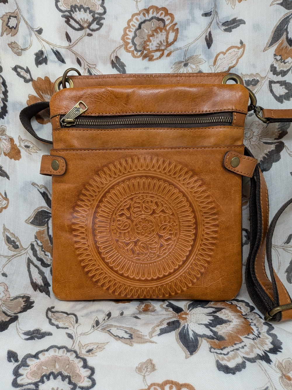 Patricia Nash Cognac Leather Crossbody with Embossed Medallion